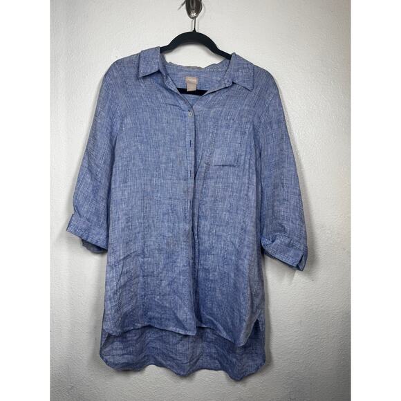 Chico's Tops - Chico's No Iron Linen Button Down Shirt Blue Stripe Woven Half Sleeve Sz 1.5/10